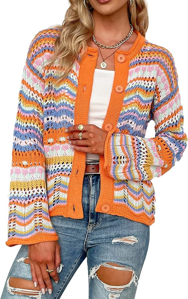 CORIRESHA Women's Multicolored Striped Crochet Knit Cardigan Crew Neck Flared Sleeve Button Y2K S... | Amazon (US)