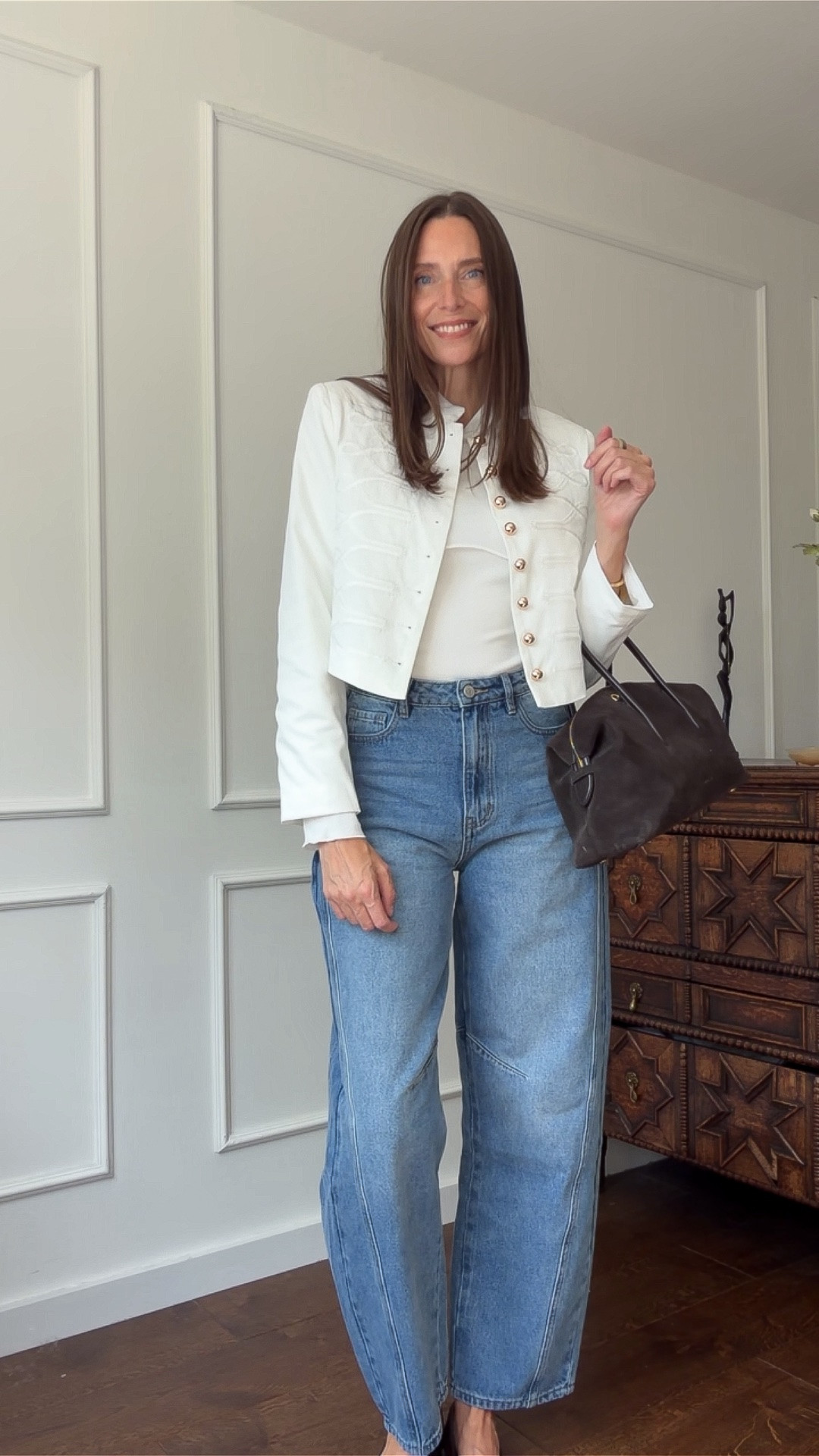 Size info:

White wool-blend off the shoulder top, M
Barrel leg jeans, S
White trousers, M
Black cut-out neck top, S
Long cardigan/jumper dress, S
Black maxi skirt, S
Long-sleeved white top with piping, M
White Napoleon jacket, S

#LTKuk #LTKautumn #LTKstyletip