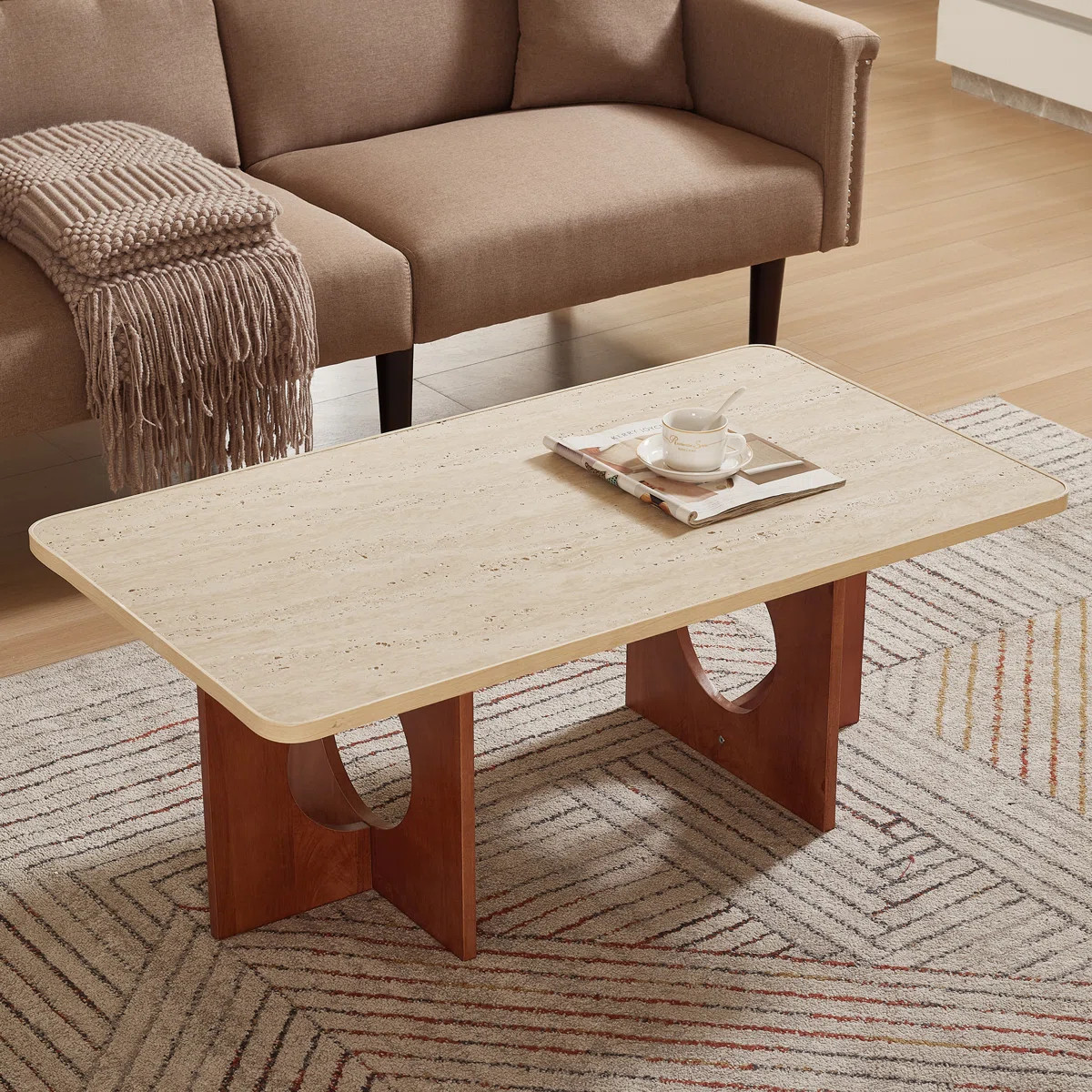 42" Modern Travertine Textured Coffee Table – Rectangular Wabi-sabi Stone Top & Natural Rubberw... | Wayfair North America