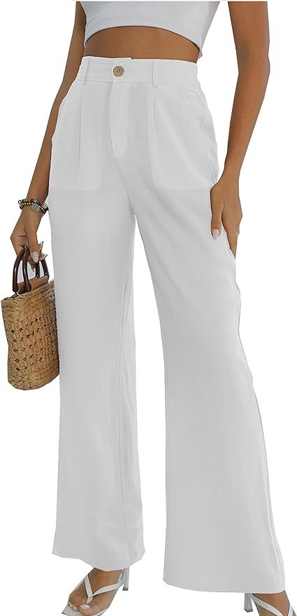 heipeiwa Women's Linen Casual High Waist Wide Leg Straight Dress Pants Button Trousers | Amazon (US)