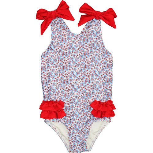 Red And Blue Floral Lycra Bow Swimsuit | Cecil and Lou