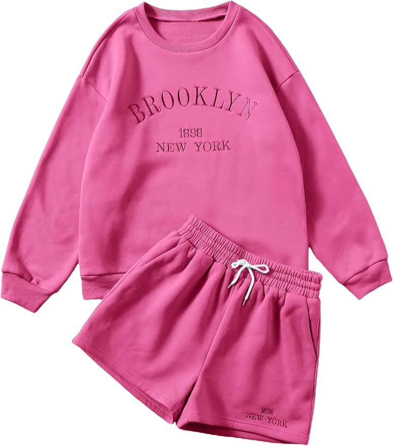 SheIn Women's 2 Piece Outfits Graphic Long Sleeve Crewneck Sweatshirt and Shorts Set | Amazon (US)