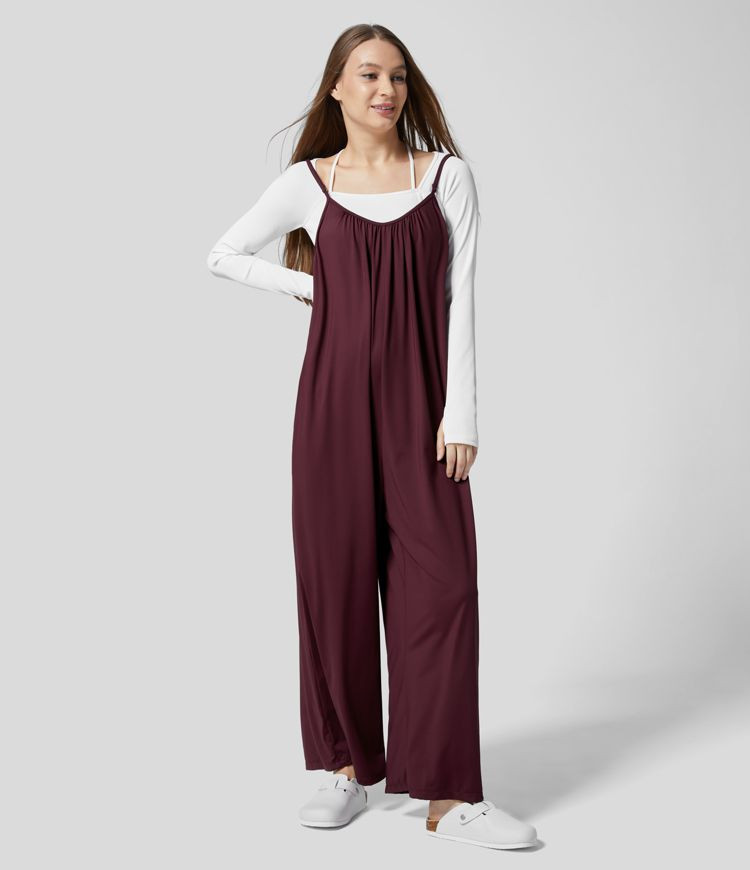 Spaghetti Adjustable Strap Plicated Side Pocket Solid Wide Leg Casual Jumpsuit | HALARA