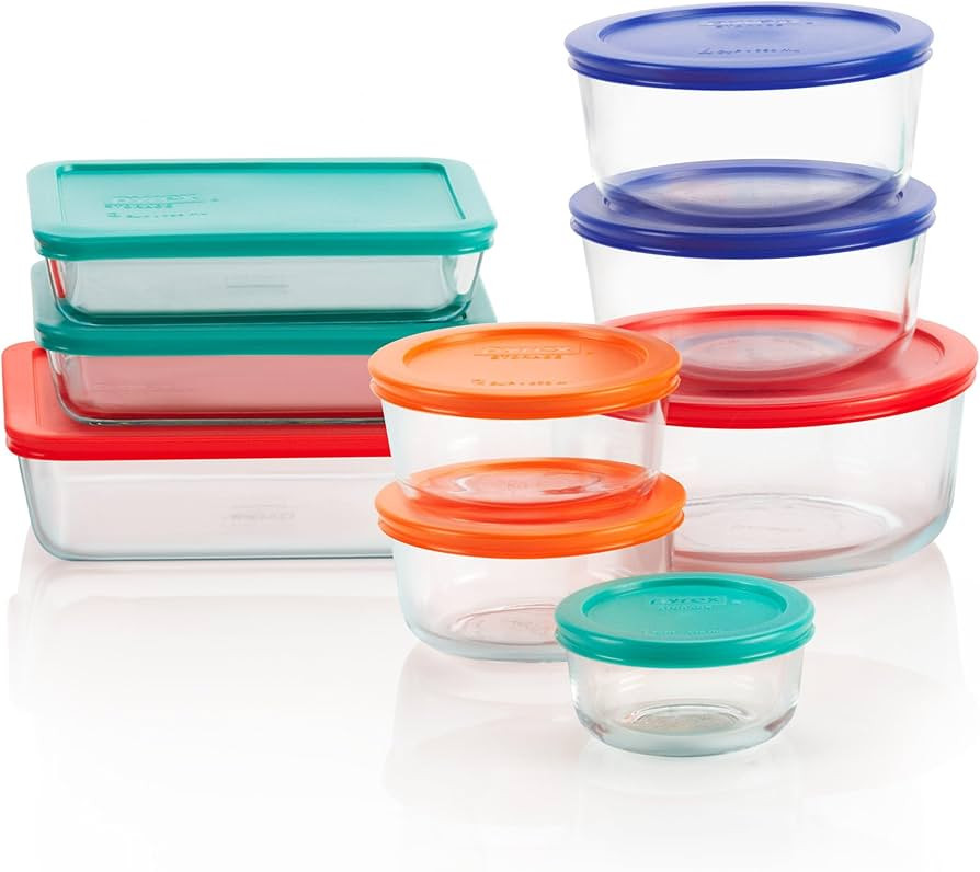 Pyrex Simply Store 9-Pack Mixed Sized Glass Food Storage Set, Round & Rectangular Containers With... | Amazon (US)