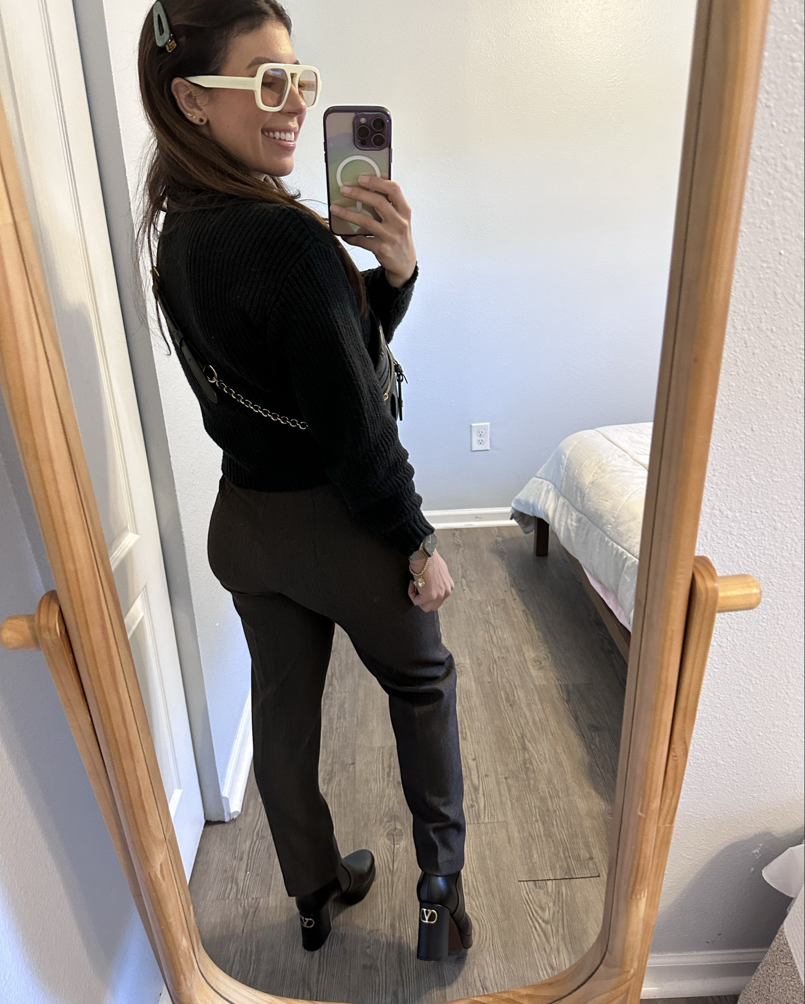 Easy pieces for the chilly weather. Yes I know the boots are a big splurge but they are a staple I’ll be wearing for years to come. They are classic, comfy, and well made. I’ve walked all over Chicago in them and have worn with dress pants, jeans, dresses, and even shirts with tights. 10/10 and they run true to sizee