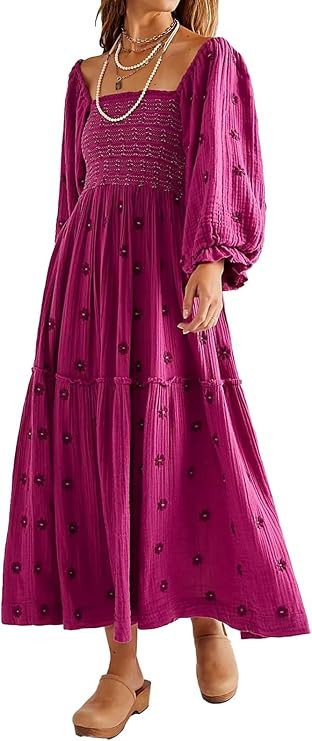 R.Vivimos Women's Cotton Floral Embroidered Boho Midi Dress with Pockets | Amazon (US)