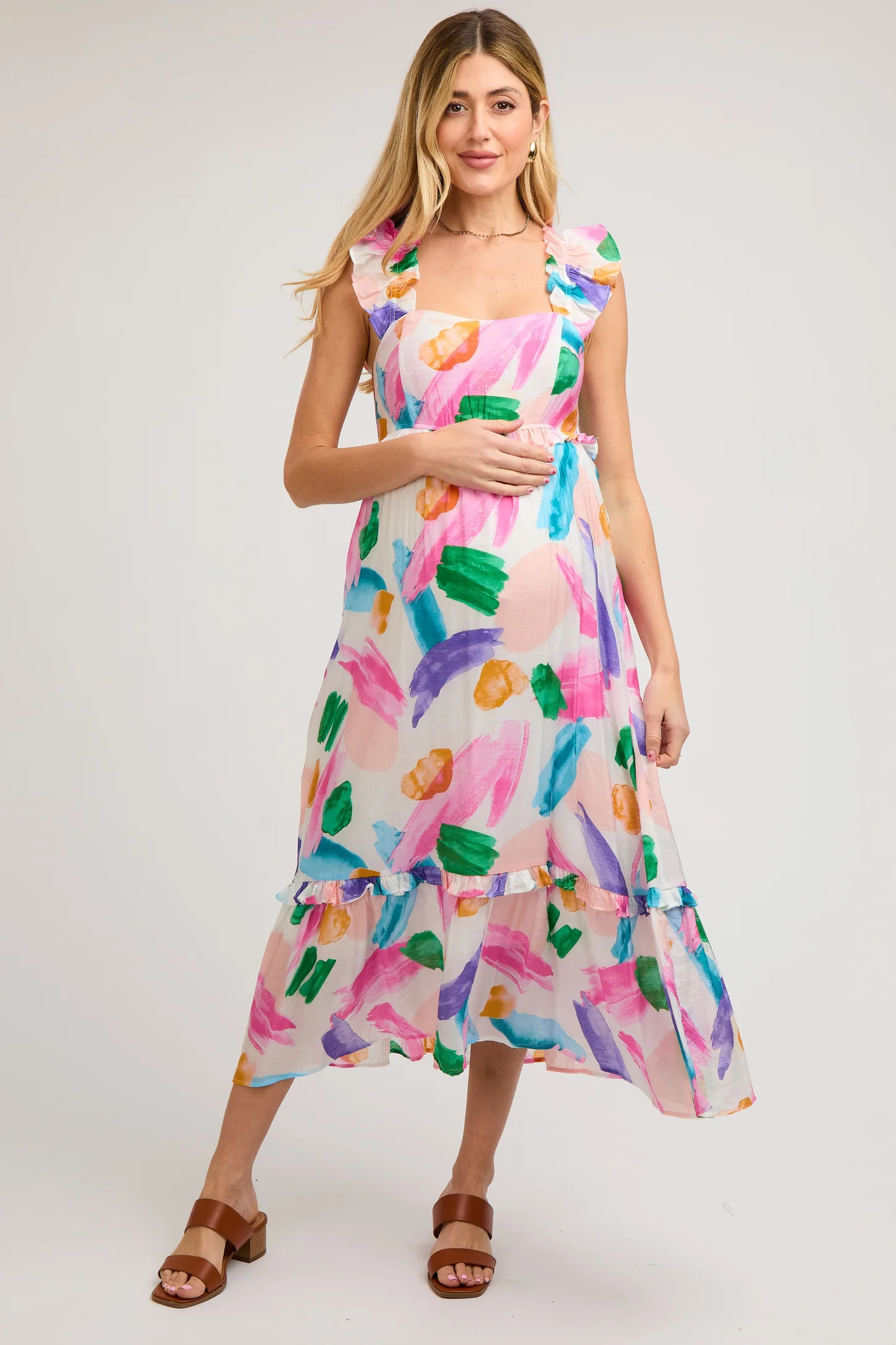 White Watercolor Print Ruffle Accent Maternity Midi Dress | PinkBlush Maternity