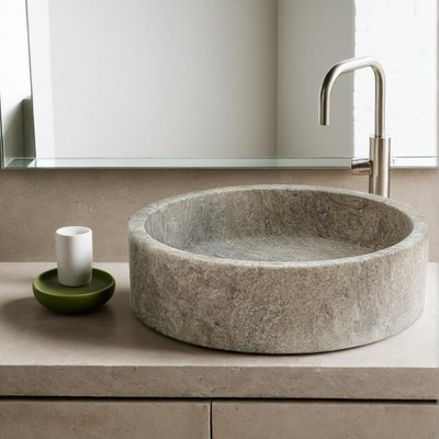 Dark Travertine Round Vessel Sink - Hand-Carved Natural Stone Sink - Unique Black Veining - Elegant Bathroom Decor | Target
