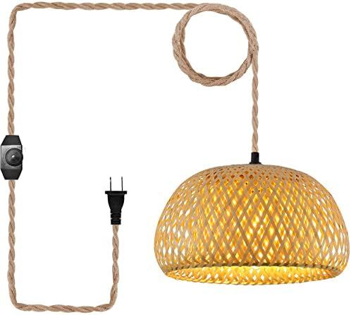 Plug in Pendant Light Hanging Lamp with Dimmable Switch 14ft Hemp Rope Cord Bamboo Lampshade Wicker  | Amazon (US)