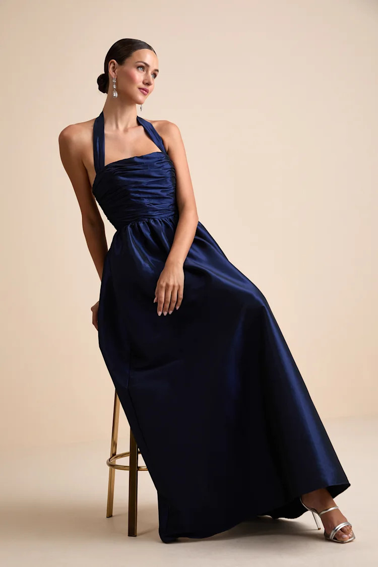 Rani Navy Taffeta Halter Maxi Dress | Lulus