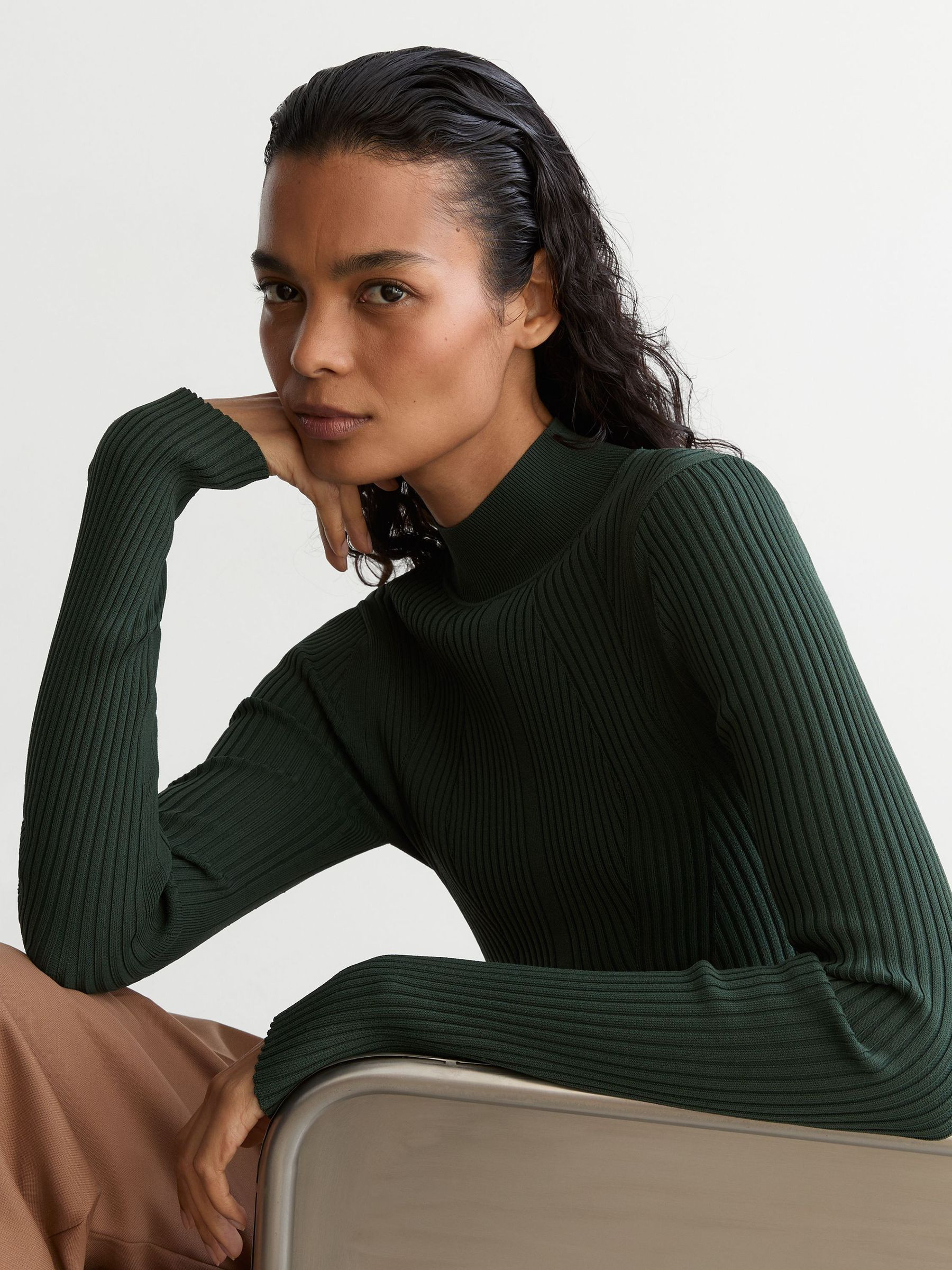 Reiss Rib-Knit Mock-Neck Jumper in Teal Green - REISS | Reiss UK
