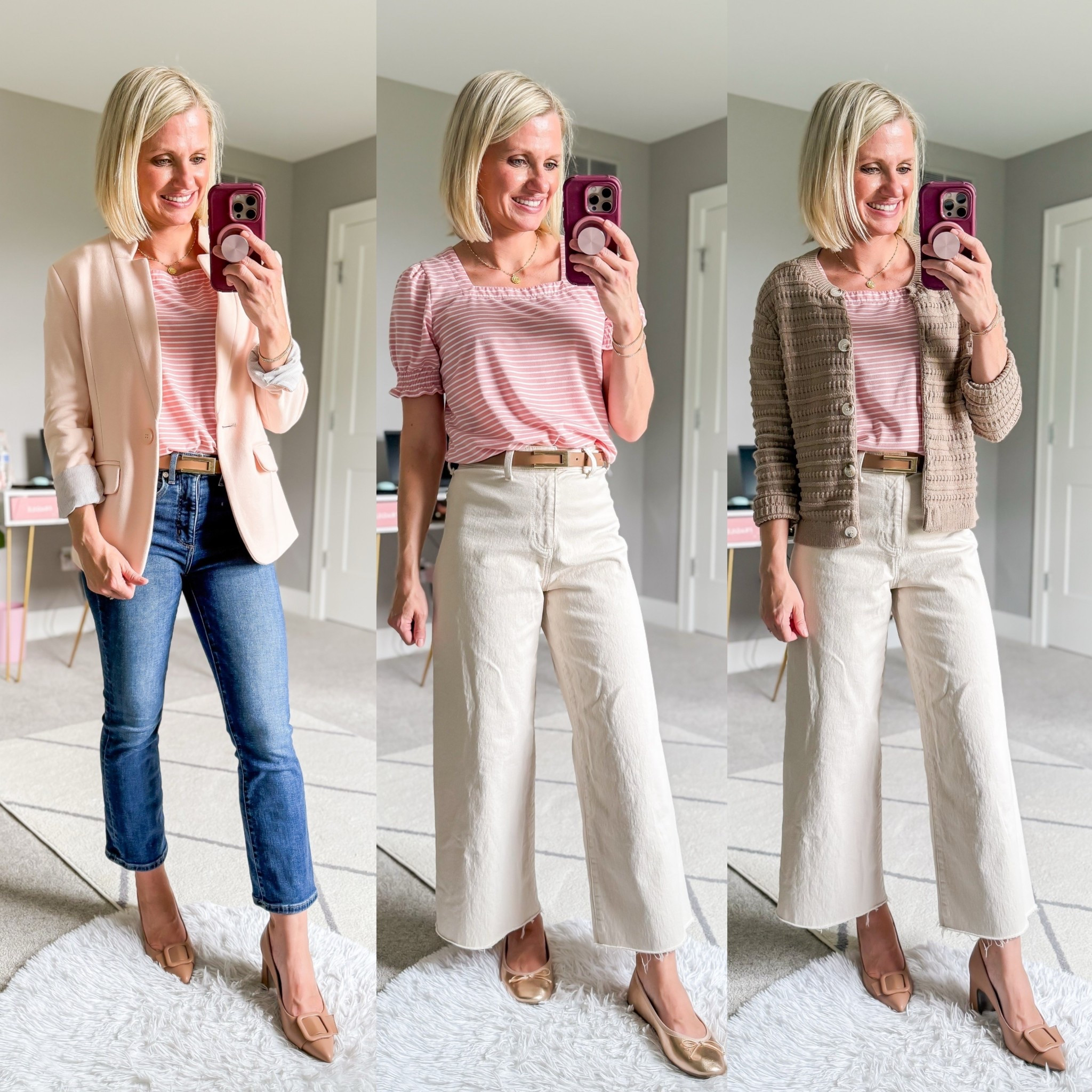 Teacher outfits with a pink striped shirt! Top- small || blazer- xsmall || cardigan- small || jeans- 24/petite || white jeans- 0/ I cut them hem

#LTKStyleTip #LTKWorkwear #LTKPetite
