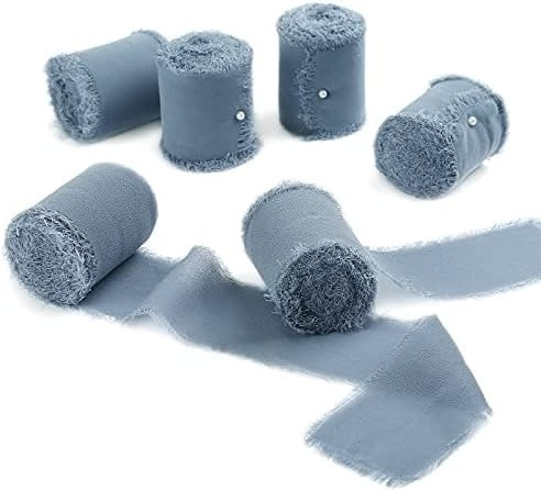GWHOLE 6 Rolls 36 Yards Chiffon Ribbon Dusty Blue Ribbon Fringe Handmade for Wedding Invitations Bri | Amazon (US)