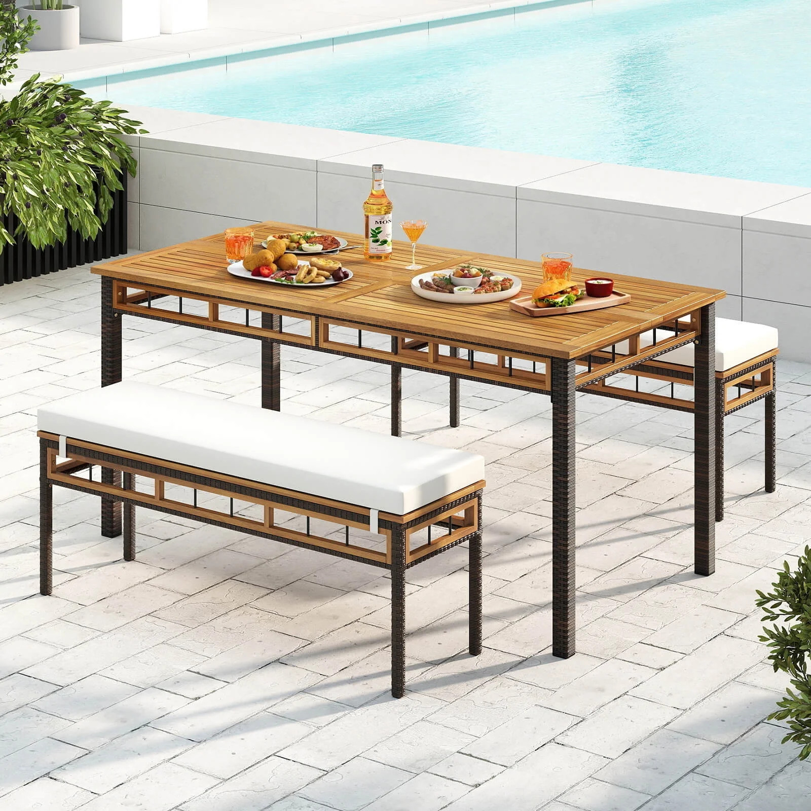 Costway 3 PCS Acacia Wood Patio Dining Set with 1.97” Umbrella Hole & Cushions for Garden Mix B... | Walmart (US)
