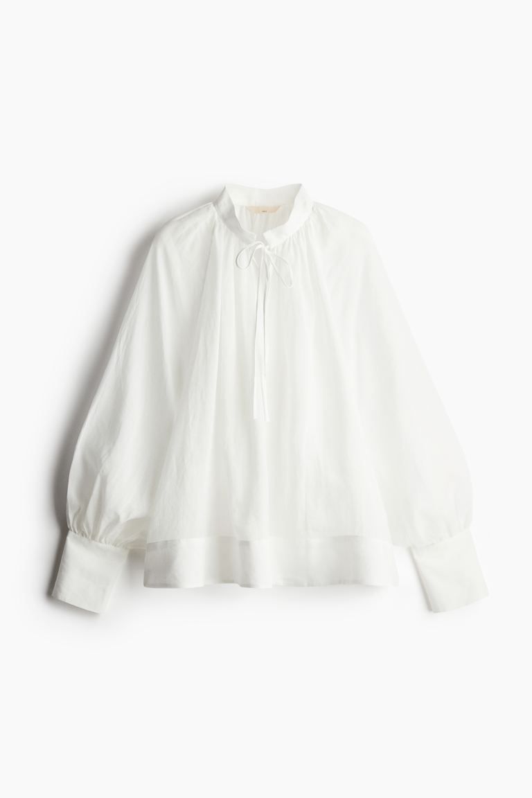 Balloon-sleeved Blouse - V-neck - Long sleeve - White - Ladies | H&M US | H&M (US + CA)