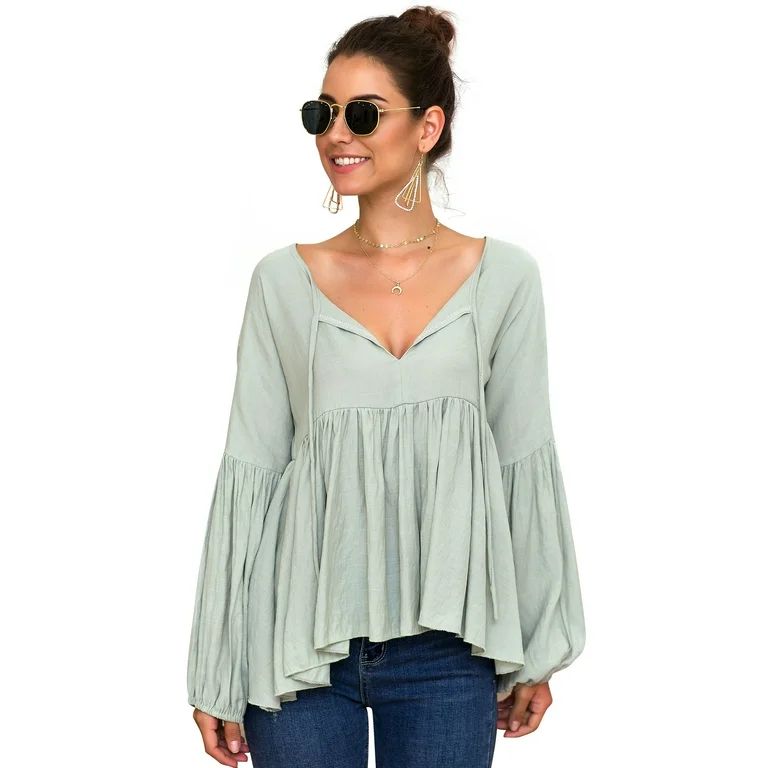 Fashion Classic Frill Long Sleeve Thin Loose Tops Blouse Shirt Ladies Ruffle Long Bell Sleeve Asy... | Walmart (US)