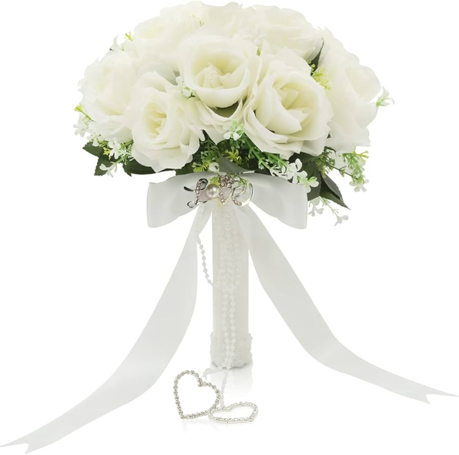 Wedding Bouquets for Bride, Bridal Bridesmaid Bouquet Wedding, Flowers with Silk Ribbon and Rhine... | Amazon (US)