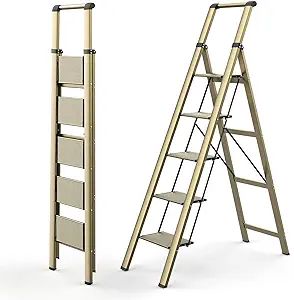 WOA WOA 5 Step Ladder, Folding Ladder with Anti-Slip Wide Pedal, Portable Folding Step Ladder wit... | Amazon (US)
