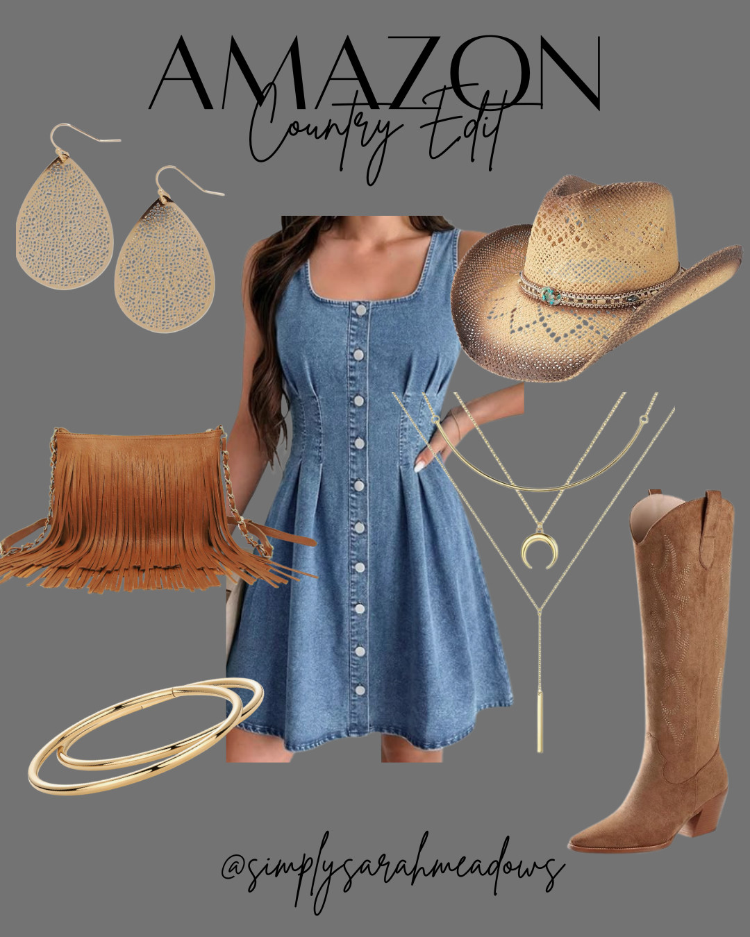 Loving this Amazon country edit! Perfect for a day out in the country. Shop these essentials @simplysarahmeadows #CountryStyle #AmazonFinds #WesternWear #LTKFindss #LTKStyle #LTKSummer #LTKSpring #CountryConcert #CowgirlBoots #DenimDress #MomStyle #AffordableFashion 

 #LTKFestival #LTKSeasonal #LTKOver40