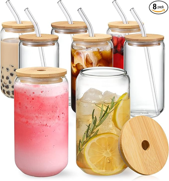 [ 8pcs Set ] Drinking Glasses with Bamboo Lids and Glass Straw - 16oz Can Shaped Glass Cups, Beer... | Amazon (US)