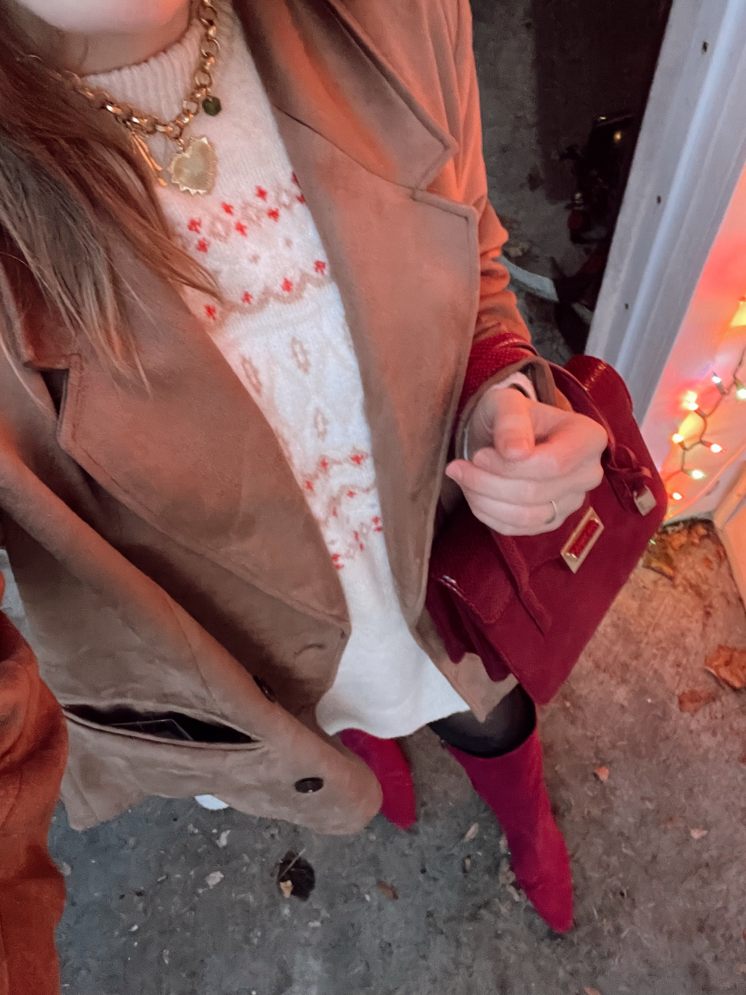 Size down one for the sweater dress! Everything else fits TTS

Holiday outfit, red boots, fair isle sweater dress, burgundy bag, leather handbag, custom charm necklace,tights, shape wear

#LTKSeasonal #LTKCyberWeek #LTKHoliday