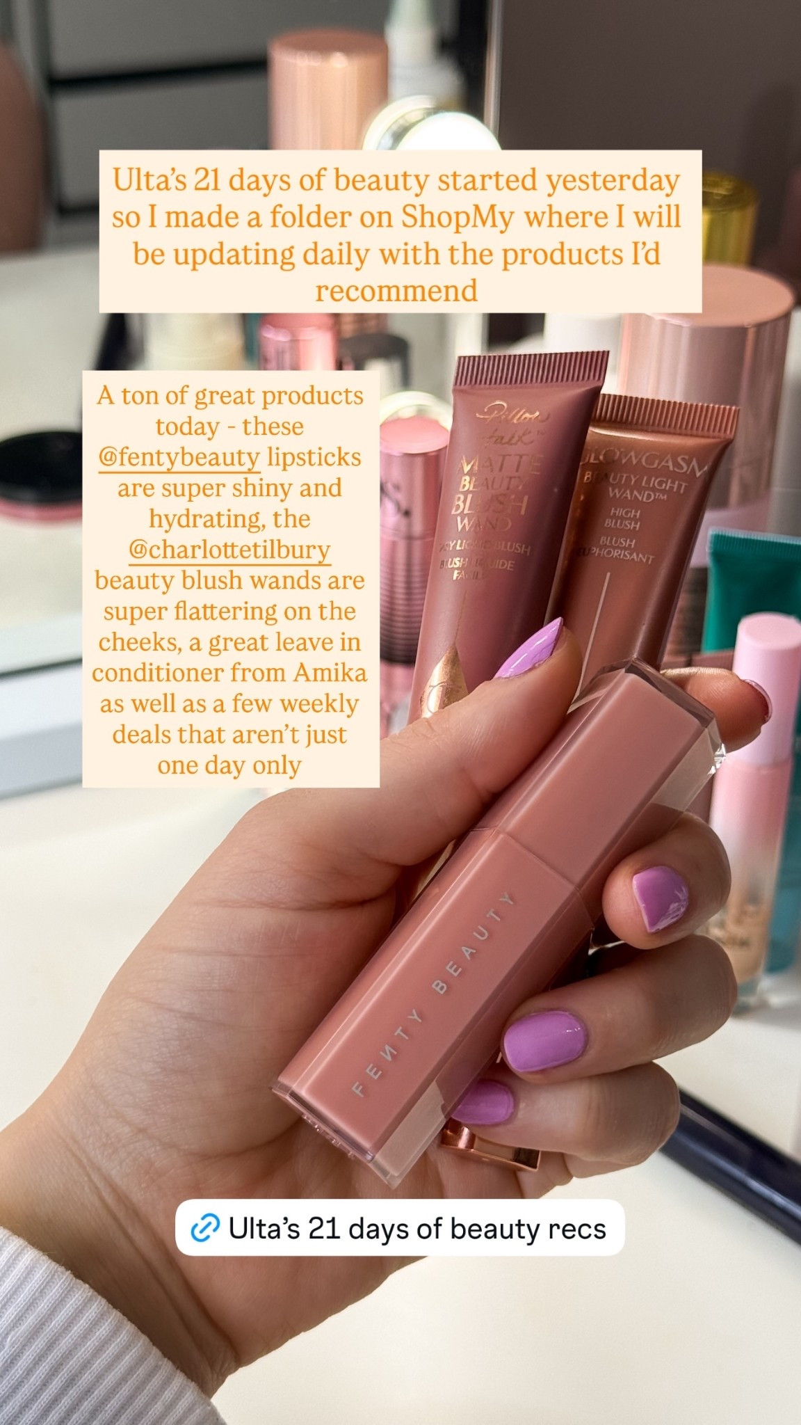 Ulta’s 21 days of beauty started yesterday. A ton of great products today - these @fentybeauty lipsticks are super shiny and hydrating, the @charlottetilbury beauty blush wands are super flattering on the cheeks, a great leave in conditioner from Amika as well as a few weekly deals that aren’t just one day only 

#LTKBeauty #LTKselfcare #LTKSaleAlert