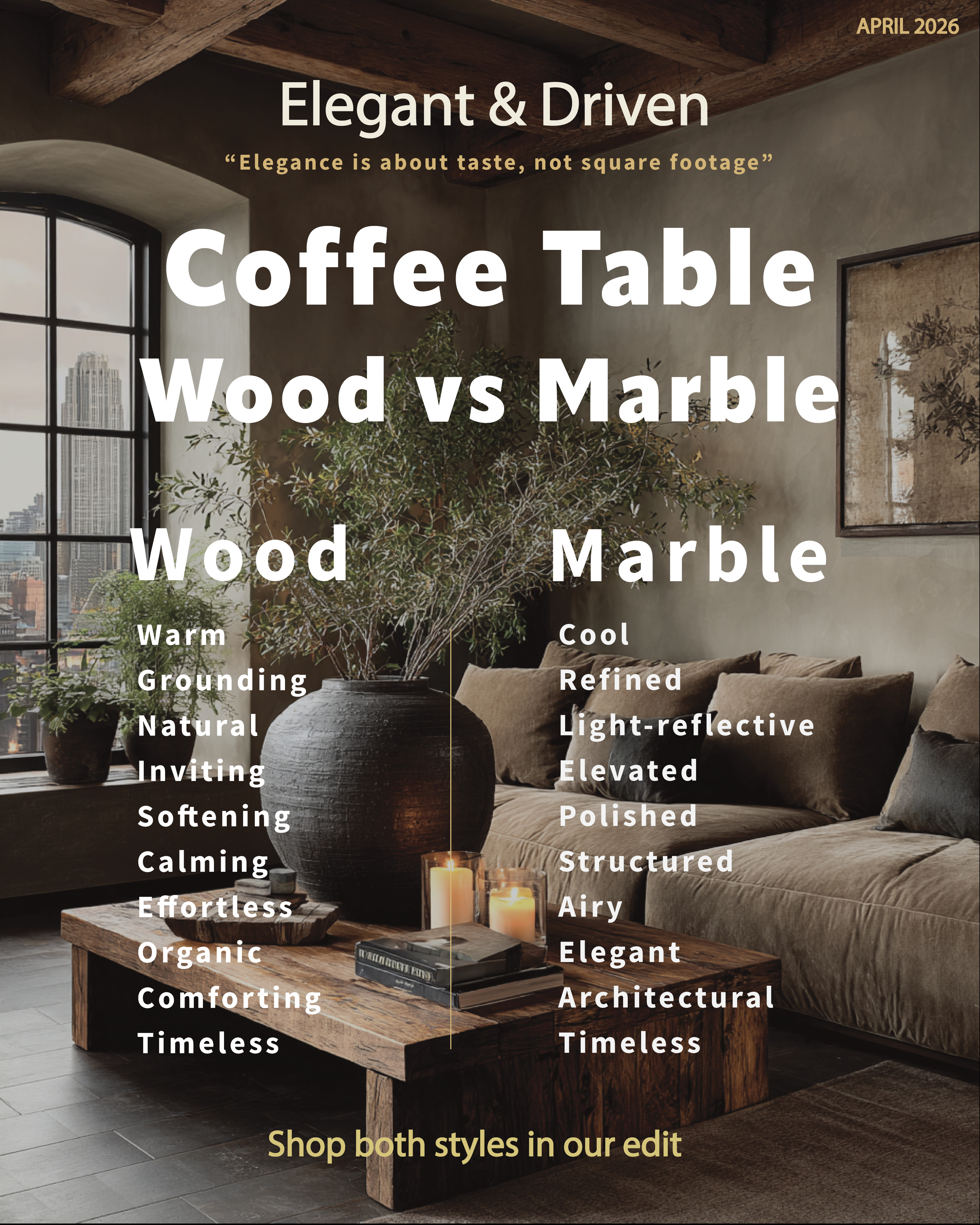 Does your living room still feel slightly off — even after you’ve styled everything?

Most people choose based on style.
We choose based on what the space needs.

A wood coffee table grounds a room.
It softens stone, glass, and contrast, bringing warmth back into the space.

A marble coffee table does the opposite.
It adds light, clarity, and contrast — especially in homes that already feel warm or layered.

This is where most people get stuck.
They decorate more, instead of correcting the balance.

When you understand what your space is missing,
one piece can change everything.

Explore both styles in our curated edit and choose what your space actually needs.

Because the most beautiful homes are balanced, not matched.

#ElegantAndDriven #InteriorDesign #HomeStyling 

 

#LTKHome