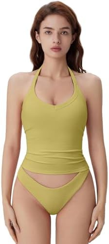 SUUKSESS Halter Tank Top for Women with Built in Bra Cotton Ribbed V Neck Cami | Amazon (US)