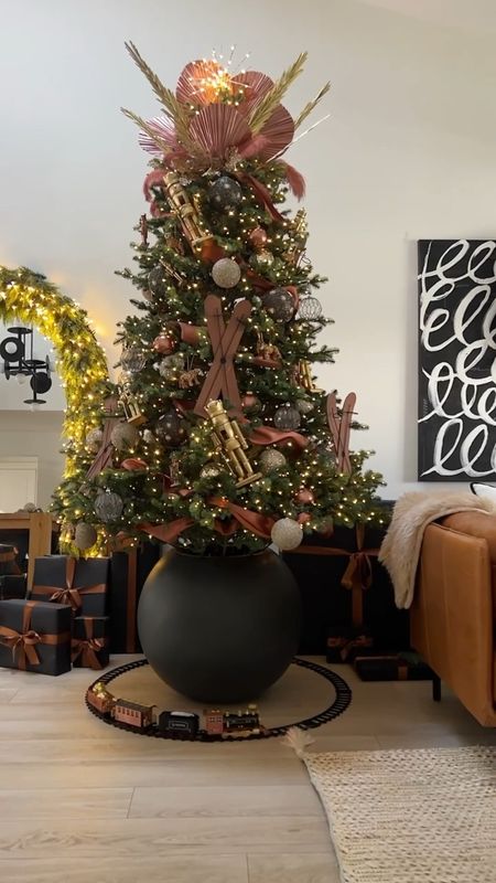 Copper Christmas tree decor, sphere planter, Christmas train, leather sofa, jute rug.  #meandmrjones 

#LTKfindsunder100 #LTKHoliday #LTKhome
