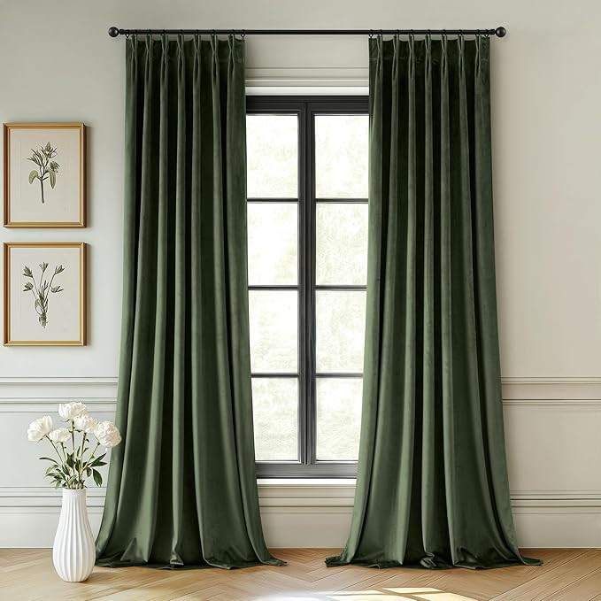 MIULEE Olive Green Velvet Curtains 84 inches Long, Pinch Pleated Blackout Drapes with Hooks, Ther... | Amazon (US)