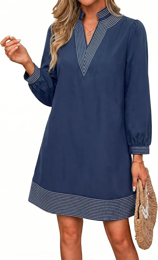 Wenrine Womens Puff Long Sleeve Dress Casual V Neck Mini Shift Dresses | Amazon (US)