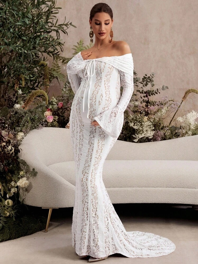 MaterniChic Pregnant Women Lace Off-Shoulder Flared Sleeve Elegant Fishtail Dress Fall Clothes Maternity Wedding Guest Dress Maternity Baby Shower Dress Off The Shoulder | SHEIN