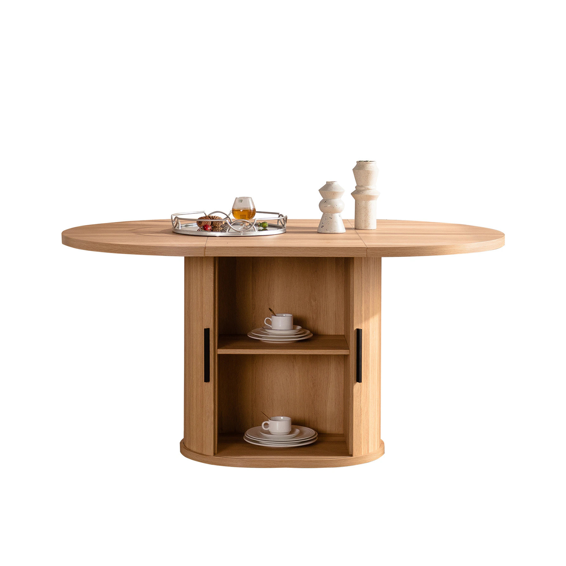 SINOFURN Natural Contemporary/Modern MDF Dining Table, with Natural Finish and Wood veneer Pedestal Base 59.1-in L x 29.5-in H Large in Brown | Lowe's