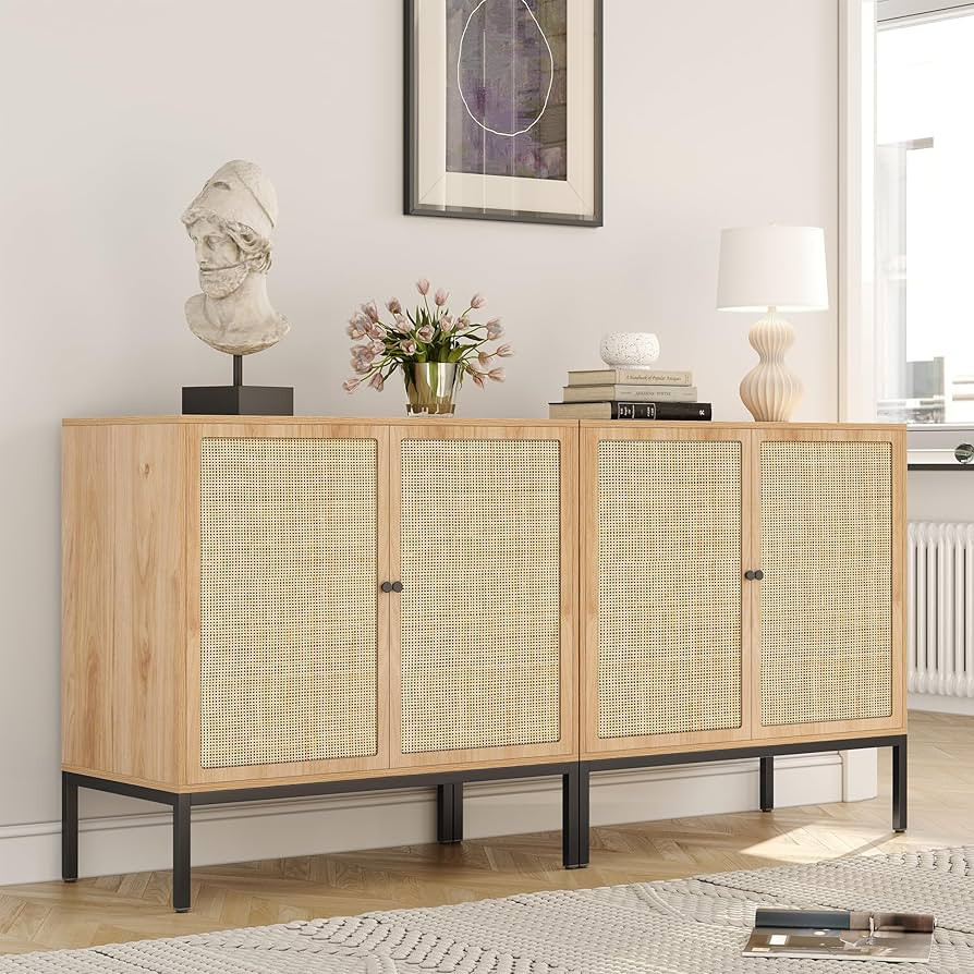 Yechen Set of 2 63" Sideboard Cabinet with Natural Rattan Doors, Buffet Console & Accent Cabinet,... | Amazon (US)
