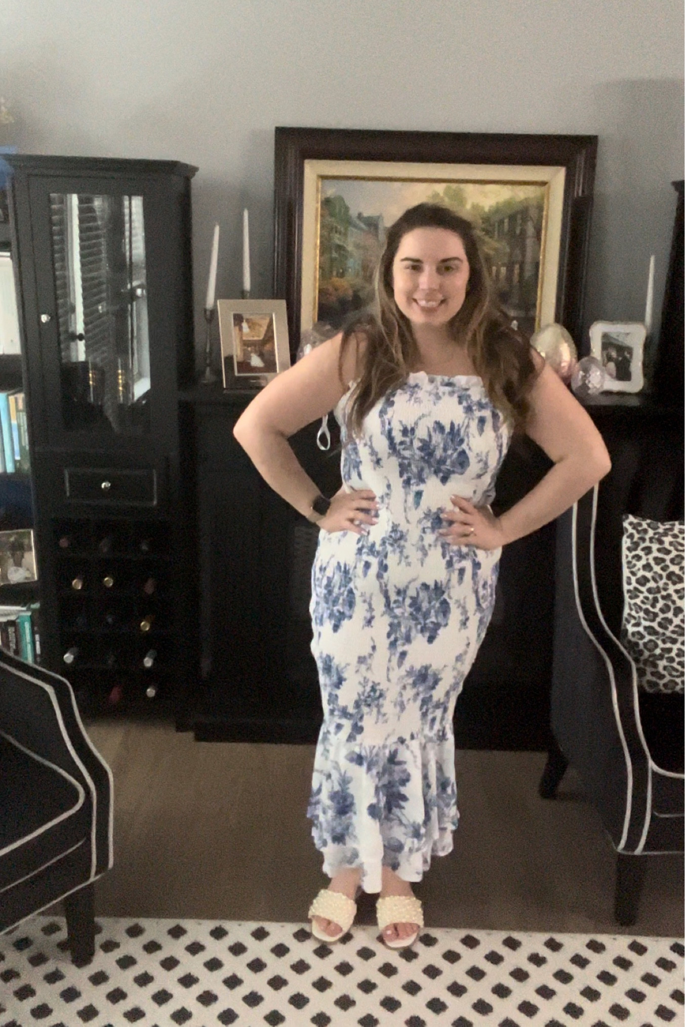 Blue and white floral dress 

Smocked dress, summer dress, midsize outfit, spring dress 

#LTKstyletip #LTKmidsize #LTKfindsunder50
