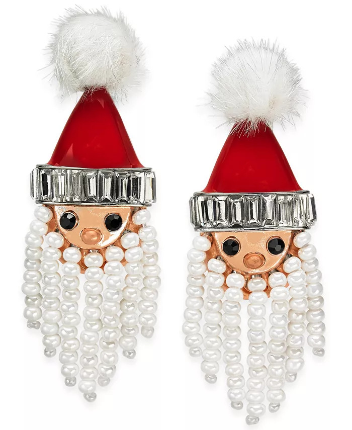 Holiday Lane Silver-Tone Crystal, Bead & Pom-Pom Bead Santa Drop Earrings, Created for Macy's - M... | Macy's