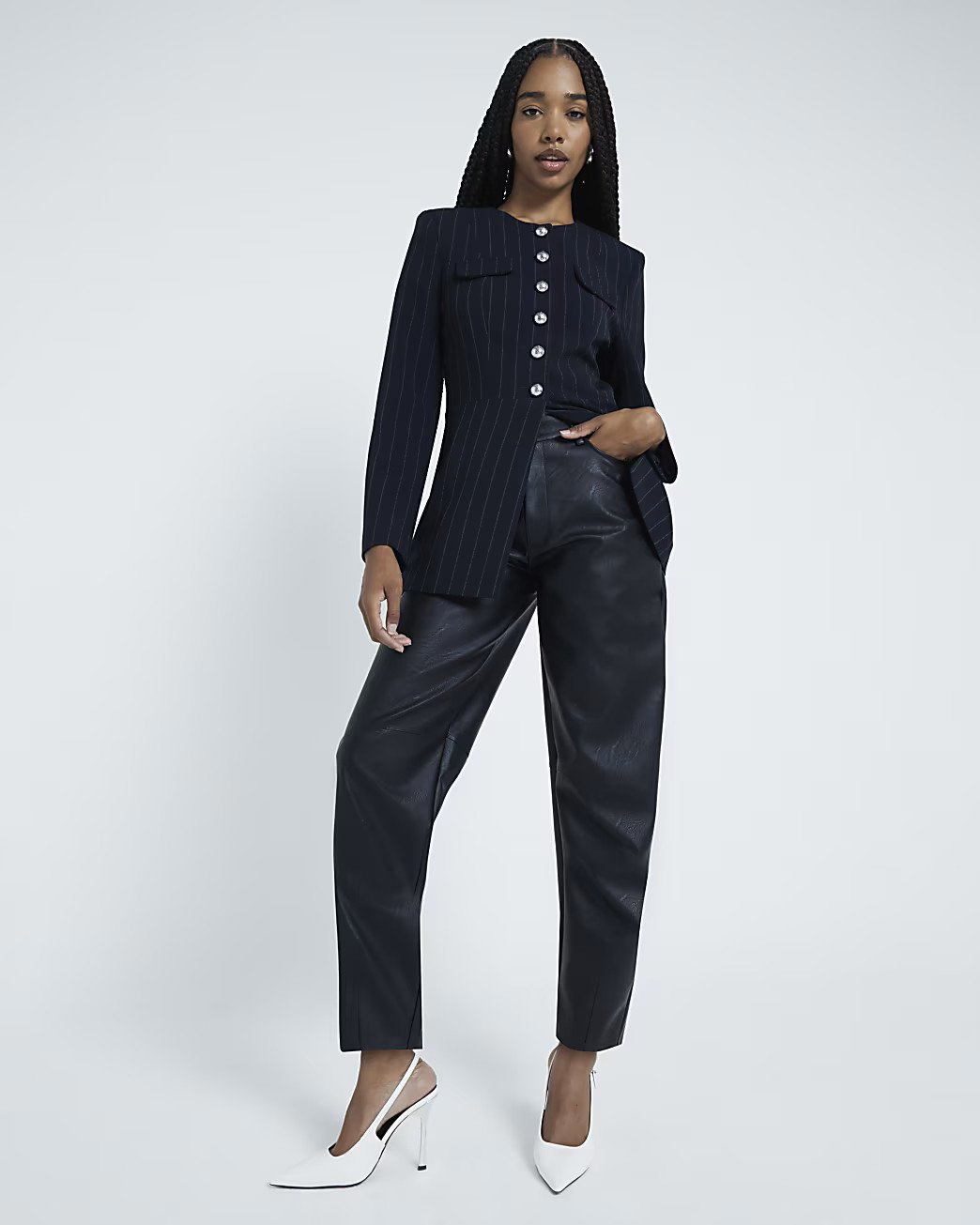Black Faux Leather Barrel Leg Trousers | River Island (UK & IE)