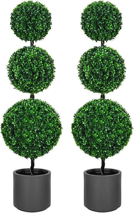 3FT Artificial Triple Ball Topiary Trees with Gray Planter Pot, Outdoor Indoor Realistic Faux Shr... | Amazon (US)