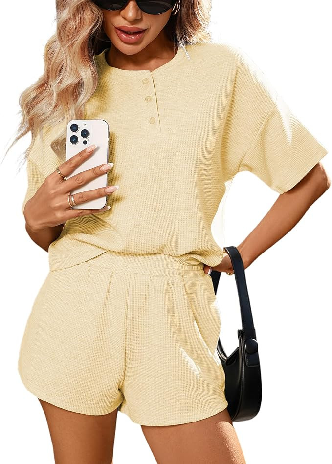 2 Piece Sets for Women Waffle Knit Sets Summer Outfits 2026 Henley Top High Waisted Shorts Lounge... | Amazon (US)