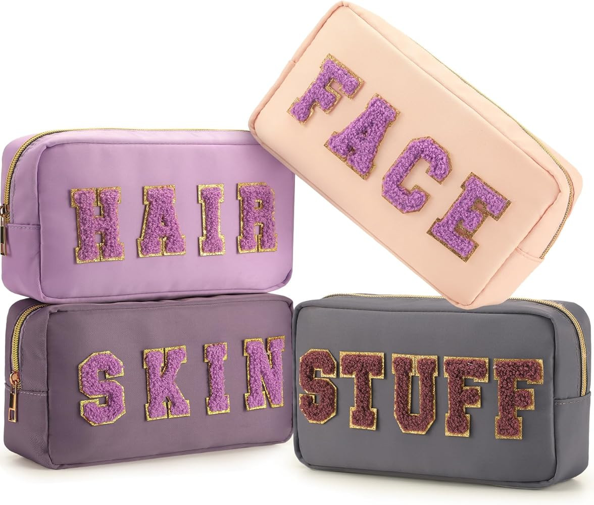 Cunno 4 Pcs Preppy Makeup Bags Chenille Letter Stuff Bag Nylon Cosmetic Pouch Cases with Zipper f... | Amazon (US)