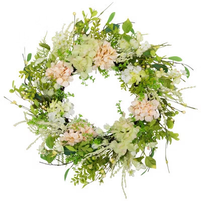 Northlight Hydrangea and Fern Spring Floral Berry Artificial Wreath - 28" - Pink | Target