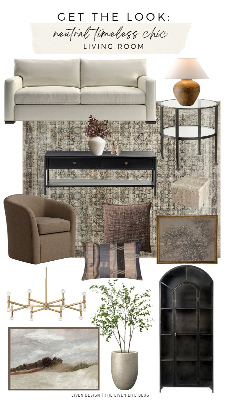 Neutral timeless chic living room. Neutral decor. Sofa. Glass side table. Elegant. Black coffee table. Upholstered accent chair. Armchair. Distressed vintage rug. Wall art. Modern. Moody art. Decorative box. Earthy vase. Earthy lamp

#LTKSeasonal #LTKHome #LTKSaleAlert