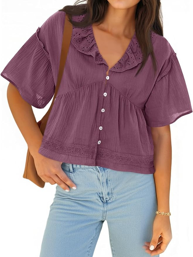 Cicy Bell Womens Cropped Babydoll Tops Summer Eyelet V Neck Short Sleeve Cute Blouses Ruffle Shir... | Amazon (US)