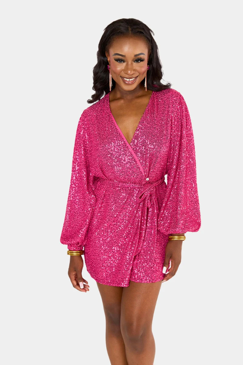 BuddyLove | Adeline Sequin Wrap Dress | Guava | BuddyLove
