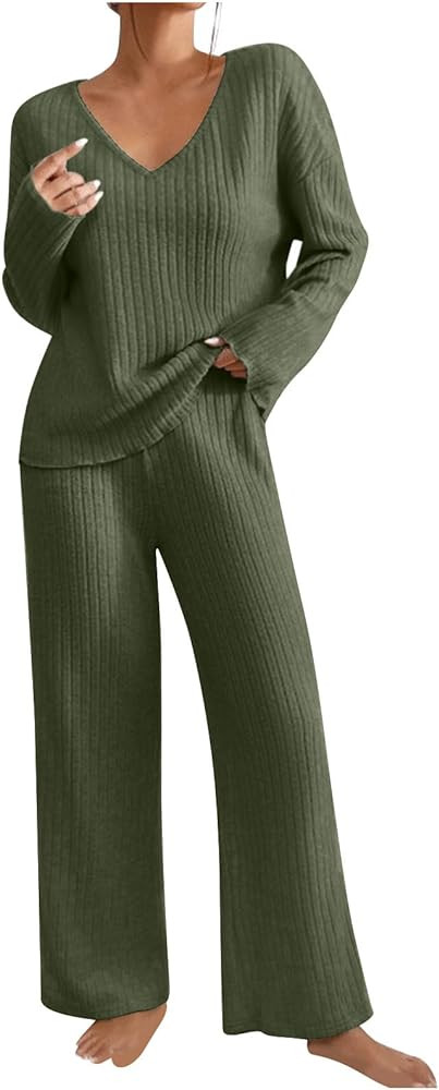 2 Piece Set Women Outfit Knit Lounge Sets Matching Pajama Set Long Sleeve V Neck Tops Wide Leg Pa... | Amazon (CA)