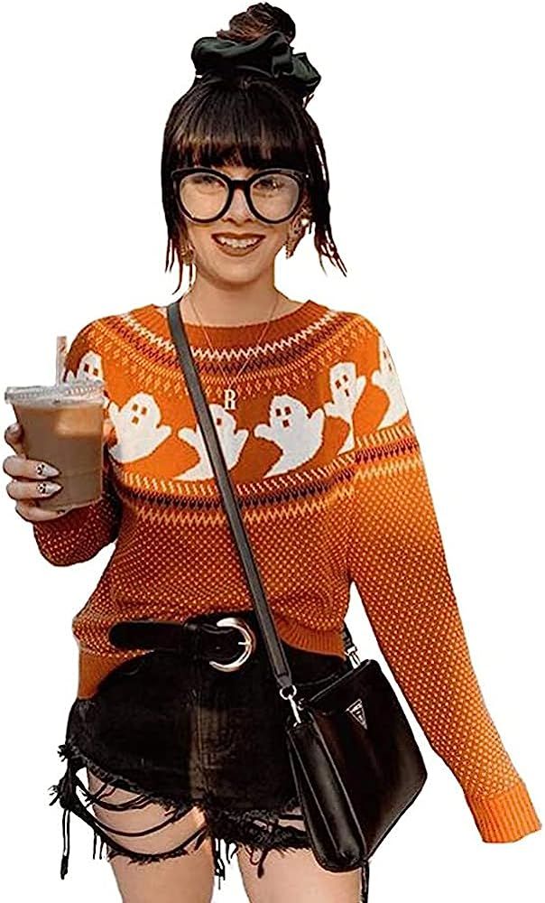 Amazon.com: Leikedun Knitted Sweater for Women with Cute Ghost Pattern Gothic Streetwear with Lon... | Amazon (US)