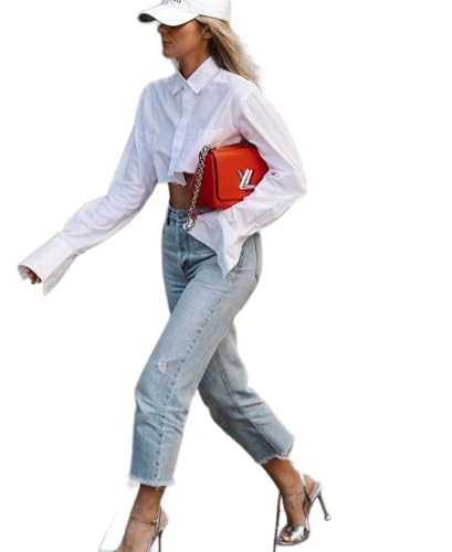 Generic Women's Cropped Button-Down Long Sleeve Top, White (US, Alpha, Medium, Regular, Regular, White) | Amazon (US)