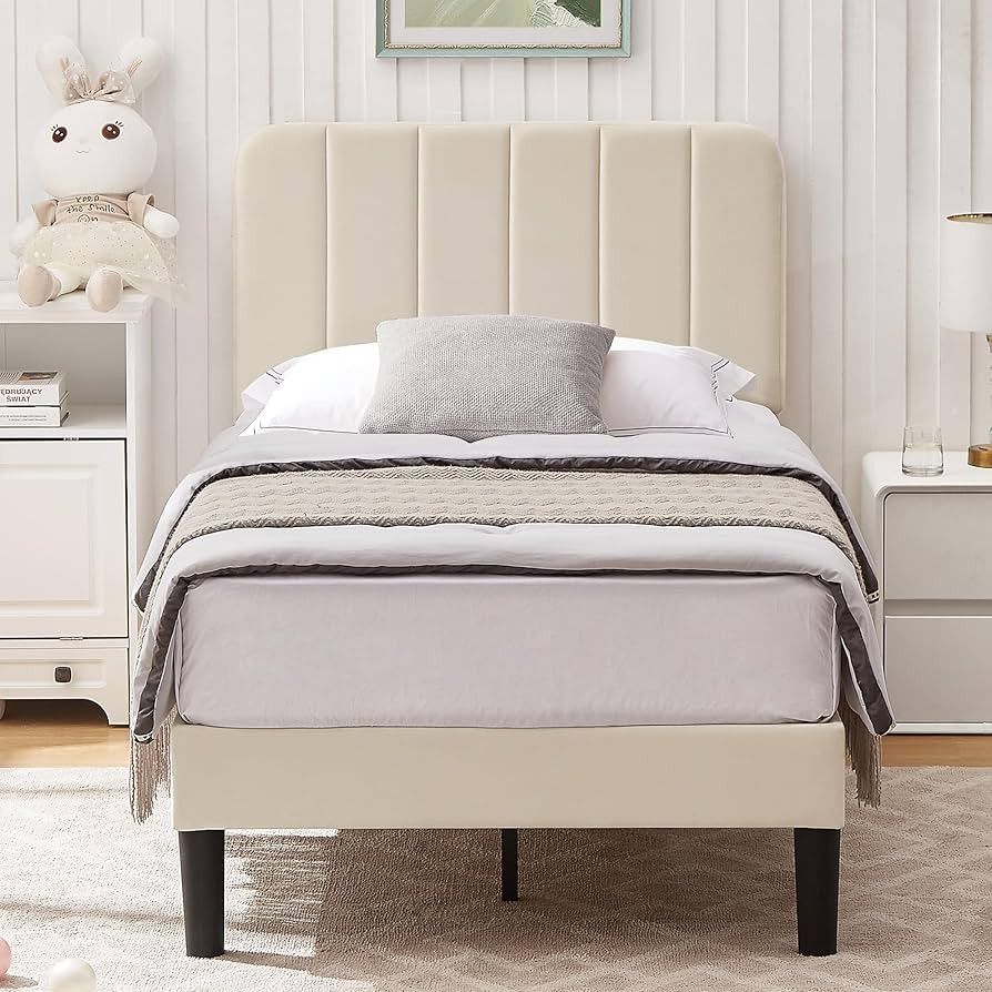 VECELO Twin Size Upholstered Bed Frame with Adjustable Headboard, Velvet Platform Bedframe Mattre... | Amazon (US)