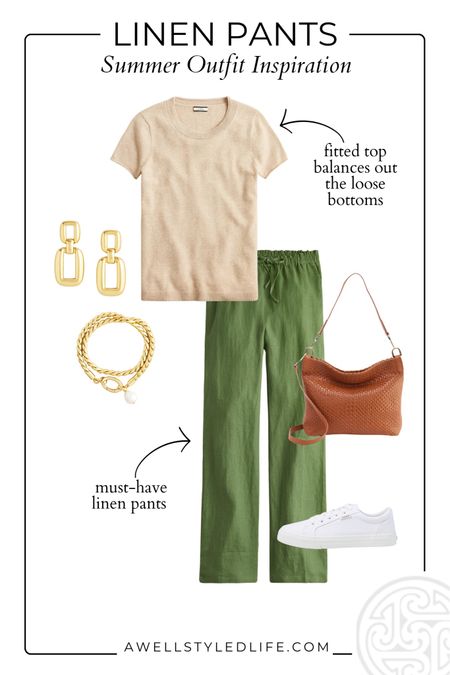 Summer Outfit Inspiration	

Linen pants are a must for summer. Pants, tee and jewelry are from J. Crew. Woven bag and sneakers from Zappos.

#fashion #fashionover50 #fashionover60 #summerfashion #summeroutfit  #jcrew #zappos #linen #linenpants 

#LTKStyleTip #LTKSaleAlert #LTKSeasonal