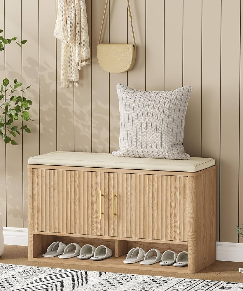 Fluted Shoe Storage Bench with Cushion, 3-Tier Entryway Bench with Adjustable Shelves and Open Bo... | Amazon (US)